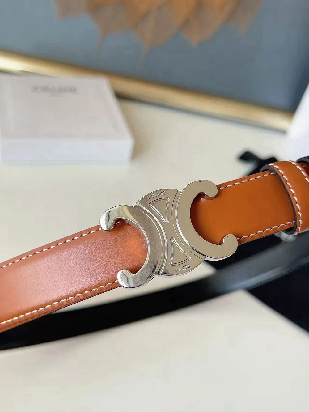 Celine Tan Leather Belt with Silver Triomphe Buckle